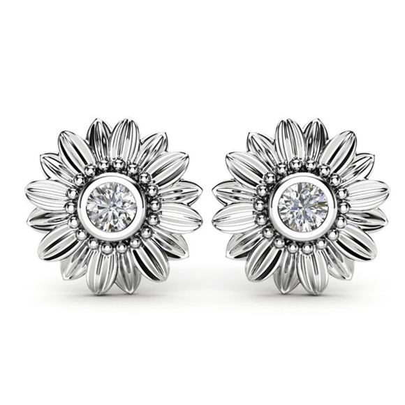 **18k** Yellow & Rose Gold Silver Diamond Sunflower Stud Earrings - Picture 4 of 7